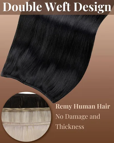 Vista 2 de Hetto - Extensiones de cabello humano real para coser, color negro azabache, #1, 12 pulgadas, 2.47 onzas Adhesivo suave, fuerte, uso diario