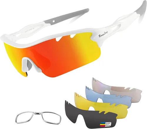 Vista 8 de BangLong Polarized UV400 Sports Sunglasses with 5 Lenses for Men Women TR90 Flexible Frame, 5 Interchangeable Lens with RX Insert, 0.9oz Sports