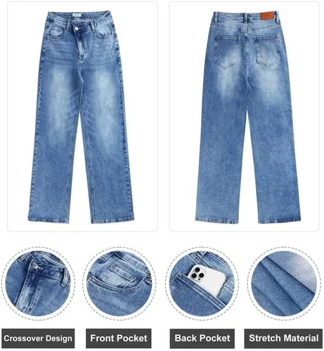 Vista 5 de Genleck Jeans de pierna ancha para mujer Jeans cruzados de cintura alta elásticos estilo boyfriend jeans entrecruzados Y2K 90s