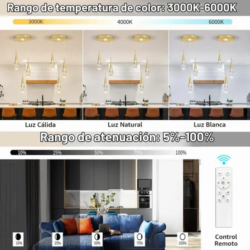 Vista 9 de 3 luces LED colgantes para isla de cocina, lámpara regulable dorada, moderna iluminación colgante de cristal para comedor, dormitorio, sala