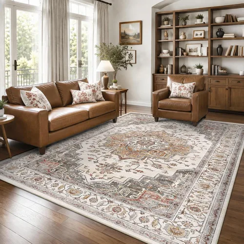 Vista 46 de Alfombra de pasillo vintage de 2 x 6 pies de pelo bajo Marrón beige