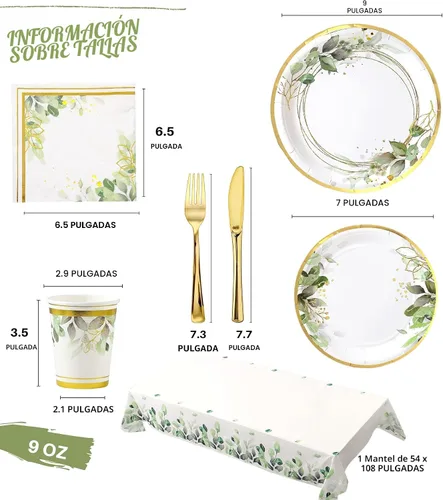 Vista 2 de Platos y servilletas de vegetación para fiesta - Sirve para 16 - Platos verdes, tazas de fiesta, cuchillos, tenedores, tema de vegetación para baby