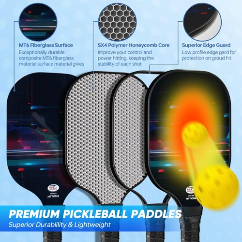 Vista 3 de HITTIONA Paletas de pickleball - Juego de 2 palas de pickleball de fibra de vidrio, raquetas de pickleball aprobadas por USAPA, paquete de 2 con 4