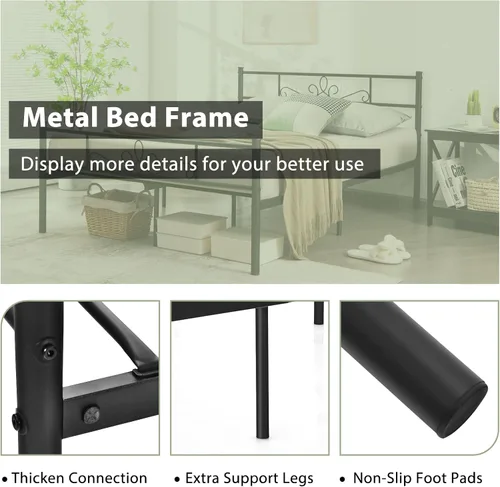 Vista 7 de KOMFOTT Base de cama de plataforma metálica de tamaño matrimonial con cabecera y estribo, base de colchón con listones de metal reforzados,