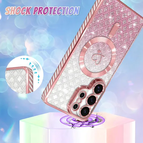 Vista 477 de Bonoma - Funda compatible con Samsung Galaxy S21 Plus, diseño de corazón con purpurina, color rosa Support for MagSafe, Plating Magnetic Case TPU