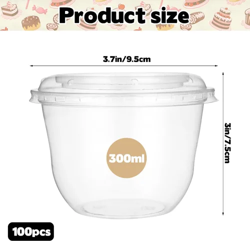 Vista 2 de Paquete de 100 vasos de plástico desechables apilables transparentes de 10 onzas con tapas planas, tazas de helado PET de 10.1 fl oz con tapas