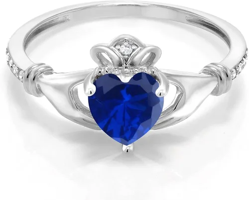 Vista 2 de Gem Stone King Anillo Claddagh celta irlandesa de oro blanco de 10 quilates con zafiro y diamante blanco para mujer