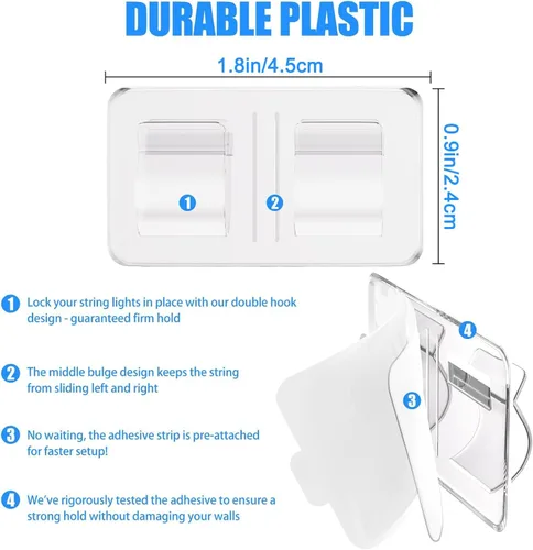 Vista 4 de Keviyi - Ganchos para luces de cadena al aire libre: 25 piezas de clips para cables resistentes con tiras adhesivas impermeables para colgar luces