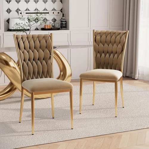 Vista 19 de Juego de 2 sillas de comedor de terciopelo, modernas sillas de cocina tejidas con patas de metal dorado, cojín tapizado con respaldo alto