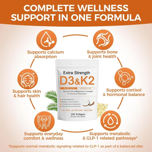 Vista 11 de Vitamina D3 K2 de 10000 UI, extra fuerte Wellness D3K2 con triple magnesio y aceite de coco para una máxima absorción, apoya la salud ósea e