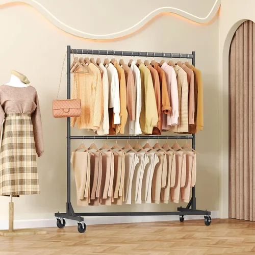 Vista 2 de Hoctieon Estante de doble barra Z, estantes de ropa rodantes con base en Z, perchero ajustable para ropa, perchero de pie para ropa de pie, perchero