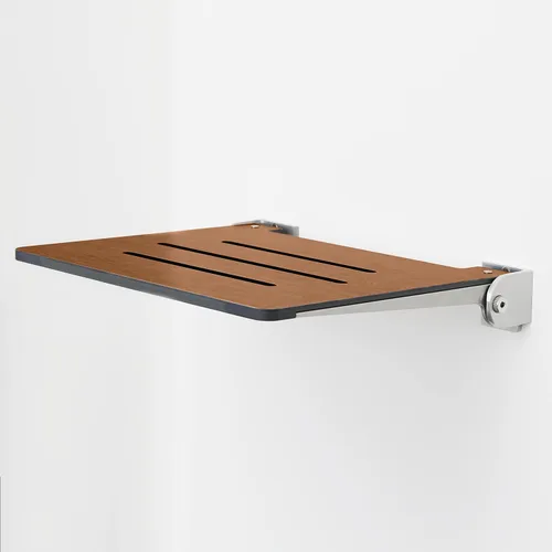 Vista 3 de Seachrome Asiento de ducha plegable Silhouette Slimline de 18 pulgadas, para montaje en pared, asiento rústico de teca con marco plateado