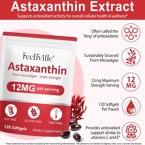 Vista 4 de Suplementos de astaxantina 120 cápsulas blandas, suministro para 4 meses Suplementos antioxidantes de astaxantina premium Fuente de microalgas