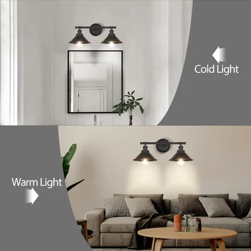 Vista 5 de Aplique de pared negro de 2 luces, aplique de pared de baño de granja sobre el espejo, luces industriales rústicas de tocador de baño
