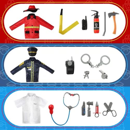 Vista 7 de 3 juegos de disfraces para niños de 3 a 7 años, juego de rol, bombero, policía, médico, ropa de vestir para niños y niñas, accesorios de rol