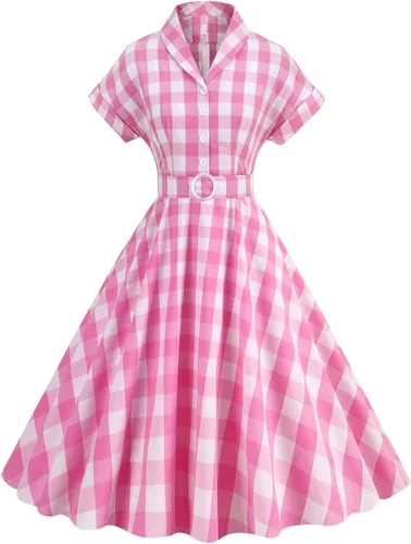 Vista 5 de Vestido vintage de los años 50 para mujer, vestidos pin up Rero Rockablilly, vestido de cóctel a cuadros Hepburn de los años 40