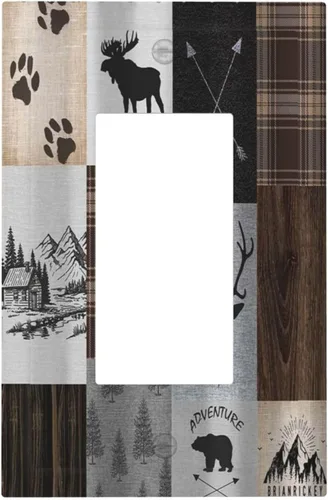 Vista 23 de Cubiertas de pared de lodge rústico retro con diseño de osos, ciervos y animales salvajes. Placas de pared dúplex simples para interruptor de luz.