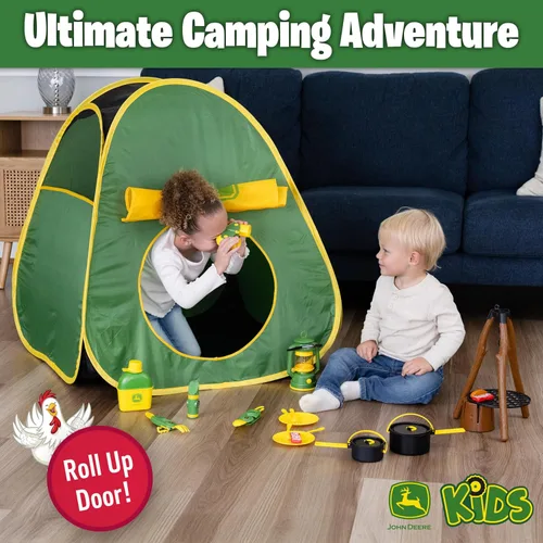 Vista 6 de John Deere Tienda de campaña emergente, juego de 18 piezas que incluye cantimplora, platos, utensilios, comida de juguete, ollas, binoculares