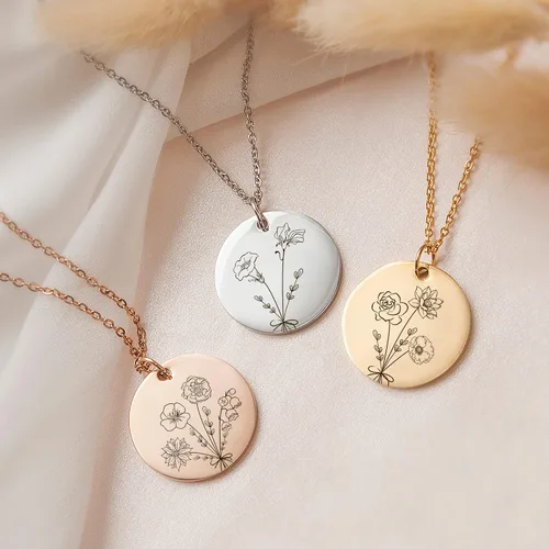 Vista 2 de Anavia -Build Your Own Bouquet- Birthmonth Flowers Necklace, Personalized Engraved Floral Coin Necklace, Customized Birthday Gifts Love Jewelry for