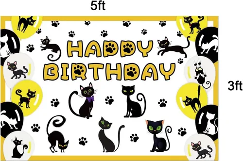 Vista 2 de Decoración de fiesta temática de gato, juego de suministros de fiesta de cumpleaños de gato negro, incluye fondos de gato negro de 5 x 3 pies