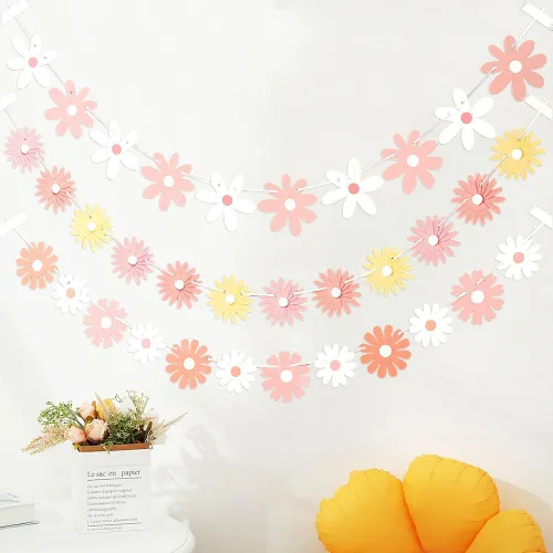 Vista 6 de Paquete de 3 pancartas de margaritas rosadas, decoraciones únicas de margaritas florales, guirnalda de margaritas florales, decoración de papel