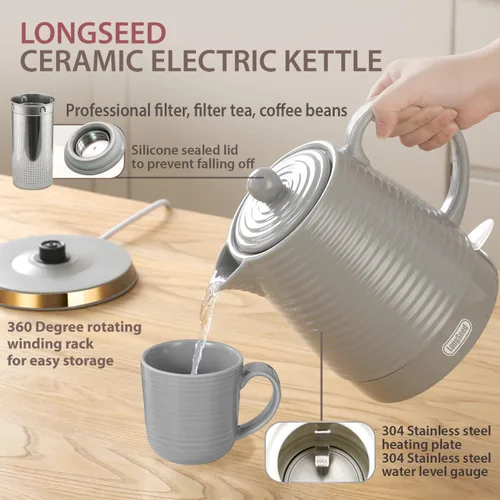 Vista 5 de Hervidor eléctrico de cerámica, 1.2L/1000W, apagado automático, sin BPA, diseño antiquemaduras, rotación de 360 grados, hervidor de té eléctrico