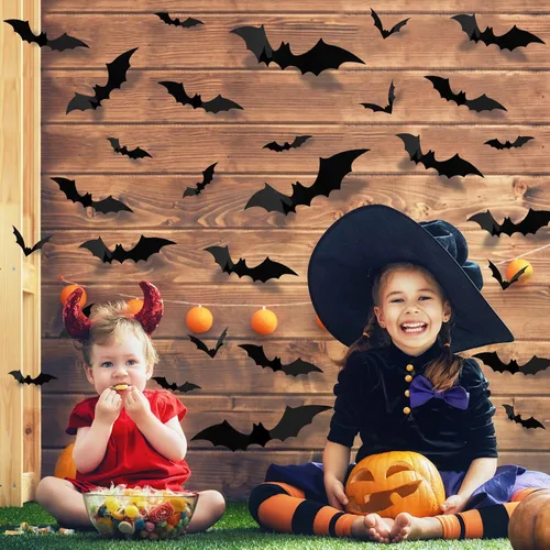Vista 5 de Decoración de murciélago de Halloween, 120 calcomanías de murciélago para decoración de pared interior, 4 tamaños diferentes, impermeables, 3D