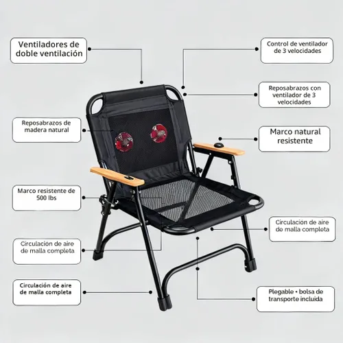 Vista 5 de Silla de camping con ventilador, ventiladores de refrigeración duales, silla plegable resistente de 500 libras, respaldo de malla transpirable
