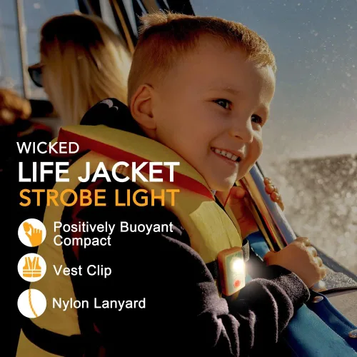 Vista 4 de WICKED Luz estroboscópica LED de chaleco salvavidas para supervivencia de emergencia al aire libre; haz de alta intensidad activado por agua