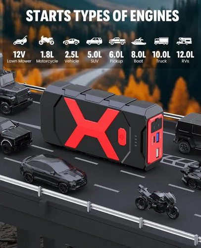 Vista 3 de BOOKOO 4000A 12V batería de coche arrancador 20000mAh para coche barco cortacésped 12L Gas - 10L Diesel Engines - Jumper Cables - Quick Charging USB