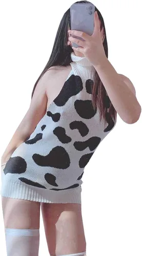 Vista 2 de Olens Suéter sin mangas con cuello de tortuga y espalda abierta, estilo japonés