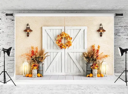 Vista 9 de Kate Telón de fondo de fotografía de otoño de 8 x 8 pies, telón de fondo de calabazas de otoño, estilo bohemio, puerta de granero blanca, retrato