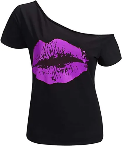 Vista 56 de MAGICMK - Camiseta casual para mujer, con estampado de labios y hombro descubierto, talla extragrande