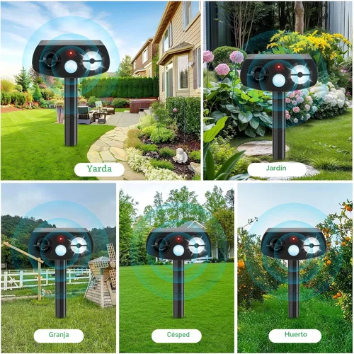Vista 4 de Repelente solar de animales para exteriores, disuasorio ultrasónico activado por movimiento con luz LED, repelente al agua para patio, jardín