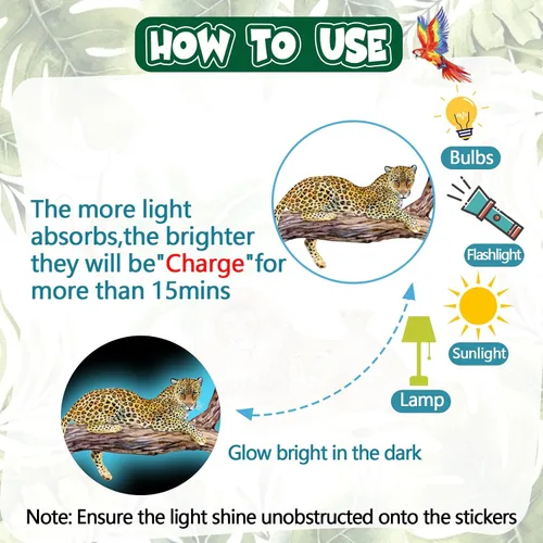 Vista 3 de Adhesivos de pared de animales de la jungla que brillan en la oscuridad, calcomanías de pared luminosas y animales del safari que se pueden quitar
