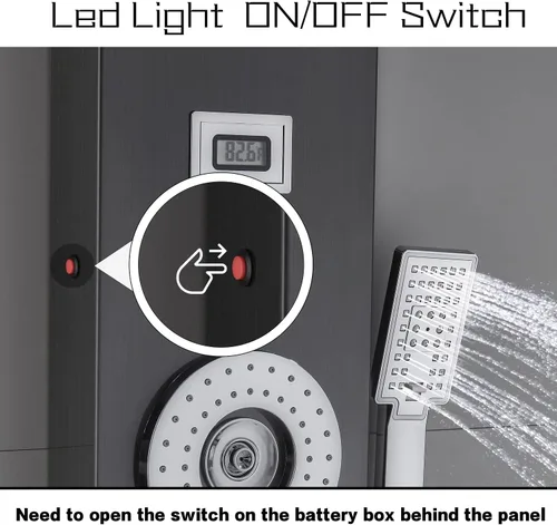 Vista 4 de Sistema de panel de ducha de acero inoxidable tipo torre de Ello&Allo, cabezal de LED, modo cascada o lluvia sistema de hidromasaje con chorros