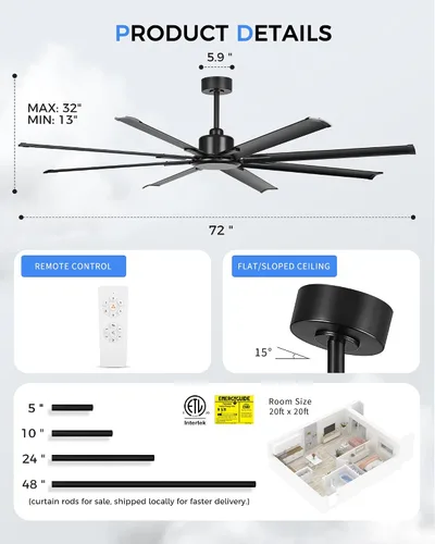 Vista 7 de Ventilador de techo industrial de 72 pulgadas sin luz, modelo negro mate para exteriores para áreas cubiertas, 8 cuchillas de aluminio, flujo