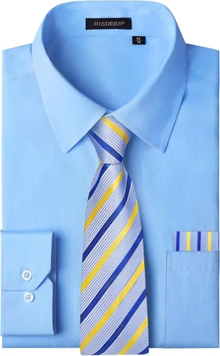 Vista 14 de HISDERN Mens Dress Shirt with Tie Pocket Square Set Classic Button Down Shirt Matching Tie Long Sleeve Shirts 08-verde