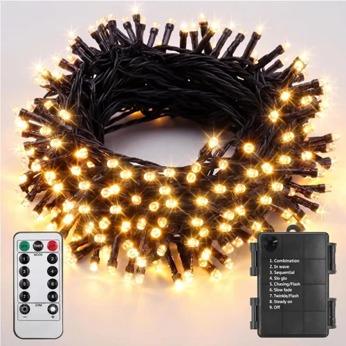 Vista 11 de ITICdecor Guirnalda de luces de Navidad de 33 pies, 100 LED, impermeable, funciona con pilas, 8 modos de luces decorativas para interiores