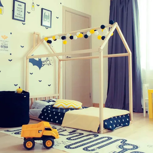 Vista 2 de Cama Montessori para niños pequeños, cama en forma de casa para niños, marco de cama con dosel, cama de piso para niños pequeños, tamaño matrimonial