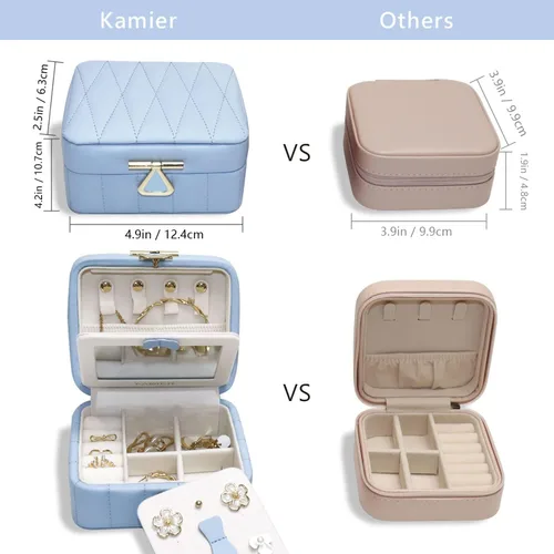 Vista 3 de KAMIER Organizador de joyas de viaje, caja organizadora de joyas de viaje de cuero acolchado con diamante, caja de joyería pequeña para mujer