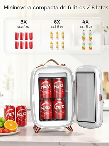 Vista 8 de COWSAR Mini refrigerador para dormitorio con espejo de luz LED regulable, refrigerador para el cuidado de la piel de 6 litros/8 latas con mango