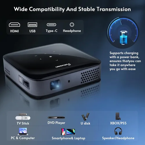 Vista 7 de Mini proyector portátil con altavoz de batería recargable y tirpod, proyector pico de 1080P (entrada 4K), sistema de transmisión integrado