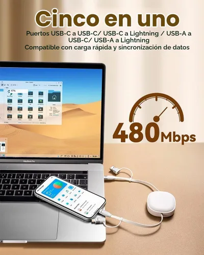 Vista 3 de Minlu Cable de carga retráctil de 65 W, cable de carga múltiple 5 en 1 para viajes, cable de carga USB tipo C, cable de carga rápida con USB A/C a