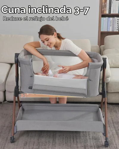 Vista 3 de Cuna para bebé - Cuna para dormir al lado de la cama, Cunas al lado de la cama 3-en-1 para bebé, Cuna con movimiento, con colchón cómodo, ruedas