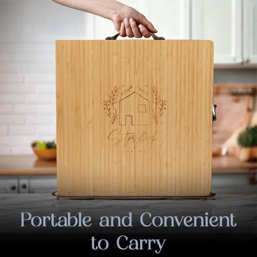 Vista 6 de Tabla de charcutería – Tabla grande de queso de bambú con juego de cuchillos magnéticos – Plato de queso de madera – Tabla de charcutería plegable