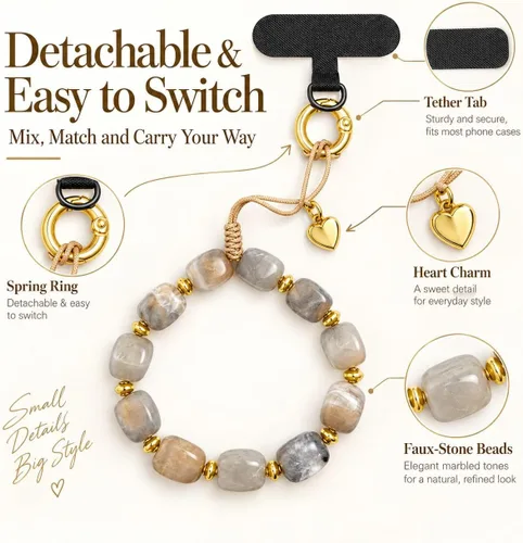 Vista 3 de Long tiantian Correa de pulsera para teléfono con cuentas y dije para A2:gray
