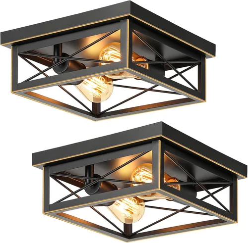 Vista 11 de Lámpara de techo de bronce cepillado para pasillo, lámpara de techo industrial de granja de montaje empotrado de 2 luces, lámpara de cocina de metal
