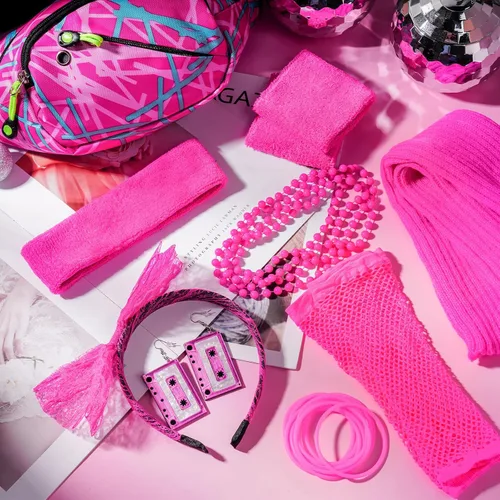 Vista 5 de Hicarer 18 piezas de accesorios de los años 80 para mujeres y niñas, trajes de fiesta retro neón de los años 80 y 90, disfraz de Año Nuevo, riñonera