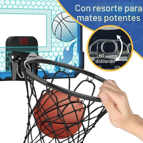 Vista 6 de VROGTIK Aro de baloncesto interior para niños con luces LED, mini aro de baloncesto con control remoto sobre la puerta, aros de baloncesto